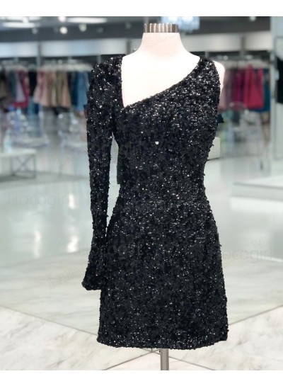 2024 Sheath/Column Sequin Long Sleeve Black Short/Mini Homecoming Dresses