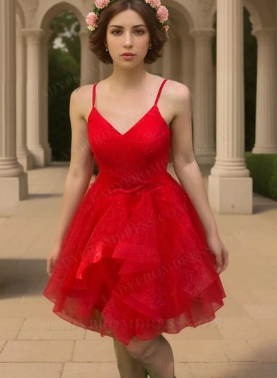 2025 A-line Princess Organza Spaghetti Straps Sleeveless Red Short/Mini Homecoming Dresses