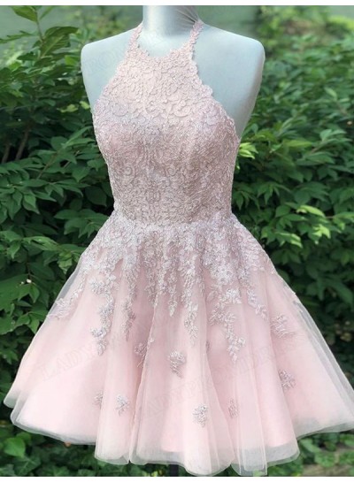 2024 Halter A-line Princess Tulle Lace up Short/Mini Homecoming Dresses with Applique