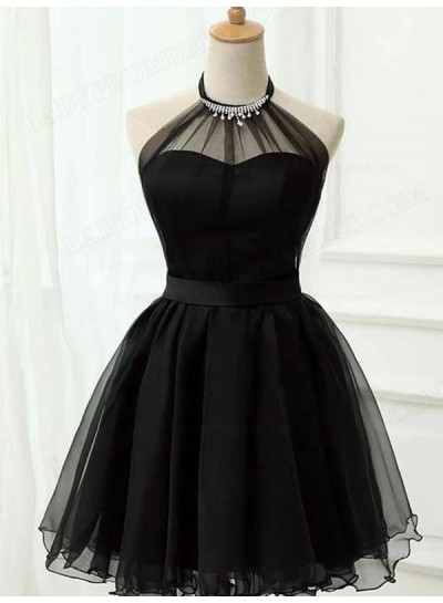 2024 Halter Black Tulle Ball Gown Sleeveless Belt Short/Mini Homecoming Dresses
