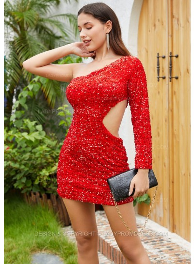 2024 Sequin Sheath/Column One shoulder Side Split Short/Mini Homecoming Dresses