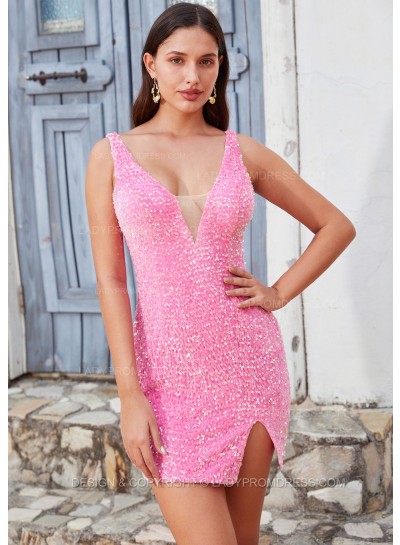 2024 Sheath/Column Sequin V-neck Sleeveless Pink Short/Mini Homecoming Dresses