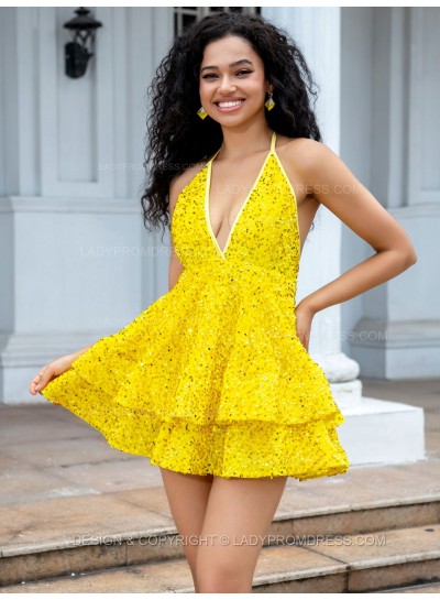A-line Princess Sequin Halter V-neck Yellow Layers Short/Mini Homecoming Dresses
