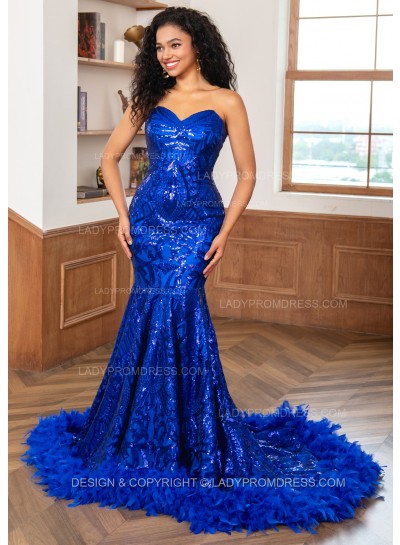Royal Blue Sweetheart Sequence Lace Zip Long 2024 Prom Dresses With Feathers