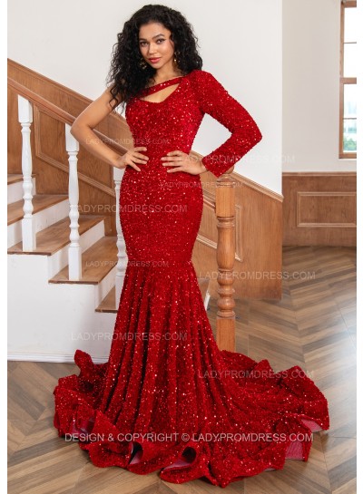 2024 Red One Shoulder Sequence Mermaid Long Prom Dresses