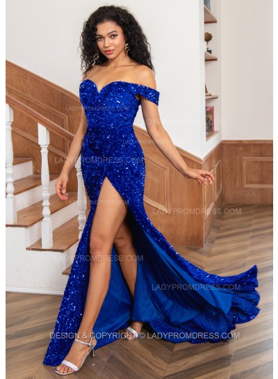 A Line Royal Blue Sweetheart Side Slit Sequence Long Prom Dresses 2024