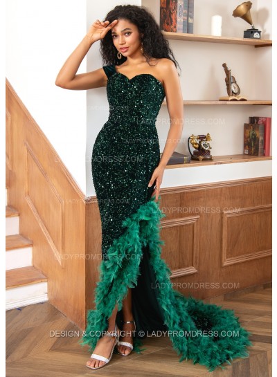 Sheath One Shoulder Sweetheart Hunter Green Sequence High Low Prom Dresses 2024 With Feathers