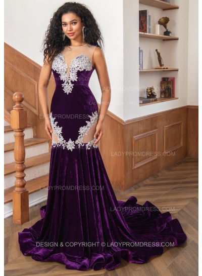 2024 Grape Velvet Sheath Bateau Long Prom Dresses With Appliques