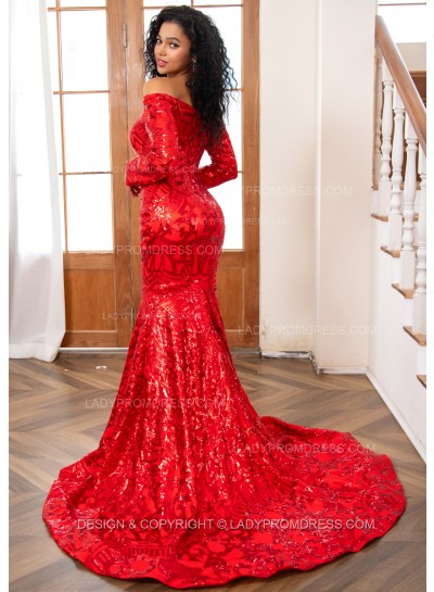 2024 Red Sheath Sequence Lace Long Sleeves Off Shoulder Long Prom Dresses