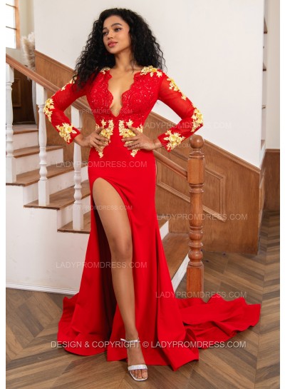 2024 Red With Gold Sheath Long Sleeves Side Slit V Neck Long Prom Dresses With Appliques