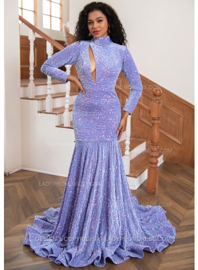 2024 Long Sleeves Lavender Sequence High Neck Slit Long Prom Dresses