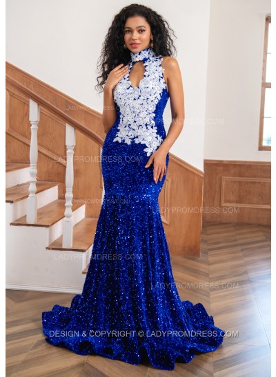 2024 Sheath Royal Blue Sequence High Neck Prom Dresses With Appliques