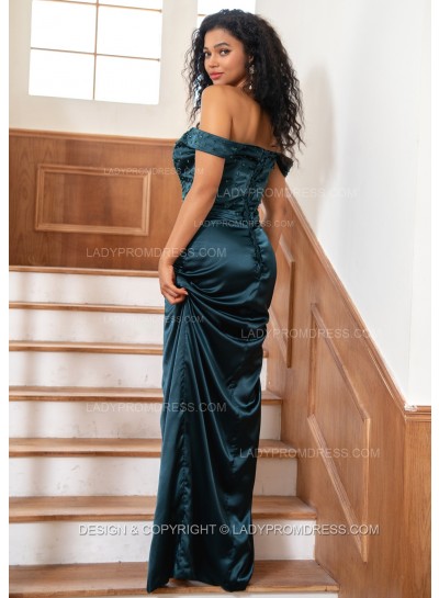 2024 A Line Off Shoulder Sweetheart Silk Like Satin Navy Blue Prom Dresses With Beads