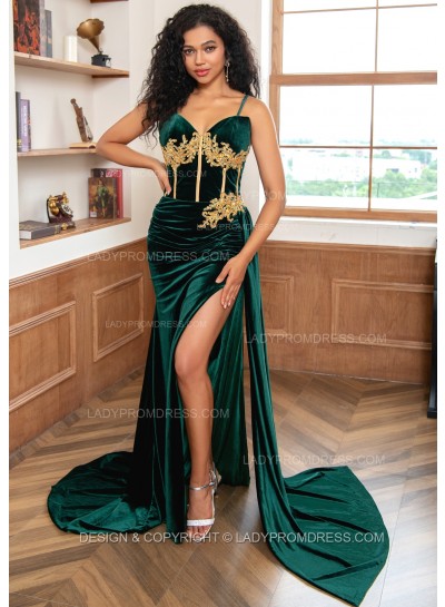 Hunter Green Velvet Sweetheart Spaghetti Straps 2024 Long Prom Dresses