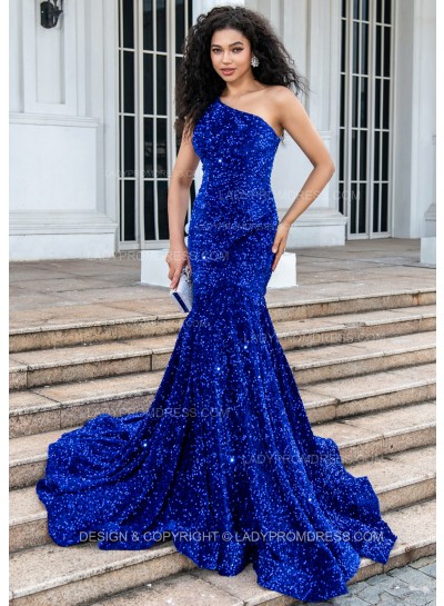 Mermaid Royal Blue Sequence One Shoulder Long Prom Dresses 2024