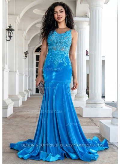 2024 Sheath Velvet Blue Long Prom Dresses With Appliques
