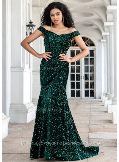 2024 Hunter Green Sequence Long Off The Shoulder Long Prom Dresses