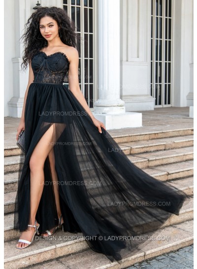 A Line Black Sweetheart Tulle With Lace Side Slit Long Prom Dresses 2024