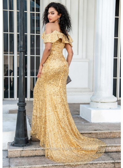 2024 Gold Off Shoulder Side Slit Long Sequence Prom Dresses