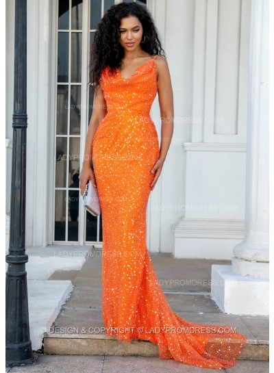 2024 Sheath Orange Halter Long Sequence Prom Dresses