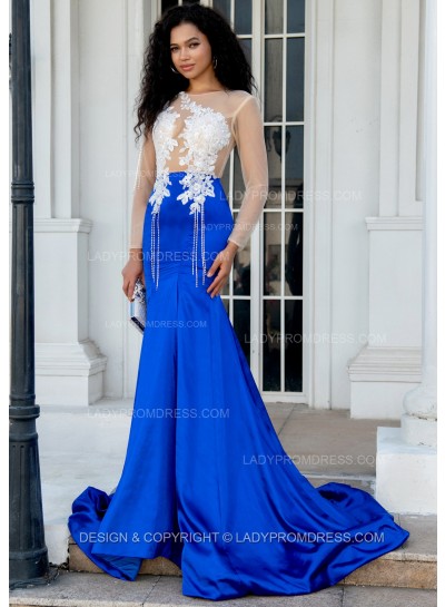 2024 Sheath/Column Royal Blue Silk Like Satin Long Sleeves Prom Dresses With Appliques