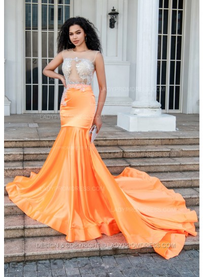 2024 Sheath Orange Long Prom Dresses With Appliques