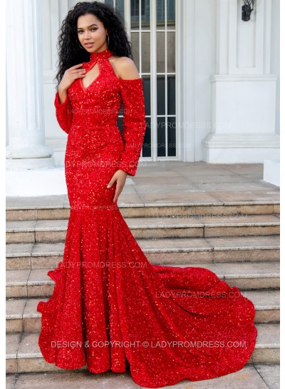 Red Mermaid Long Sleeves Hollow Out Key Hole Long Sequence Prom Dresses 2024
