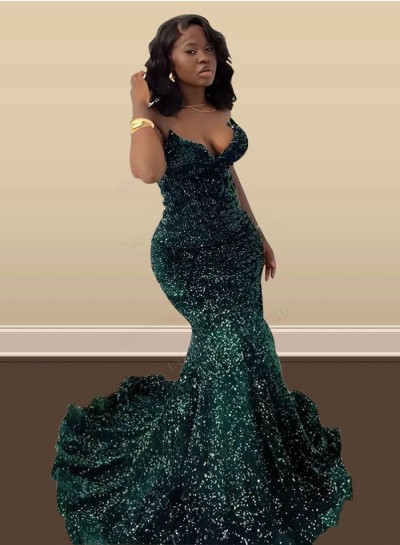 2024 Mermaid Sweetheart Long Dark Green Plus Size Sequence Prom Dresses
