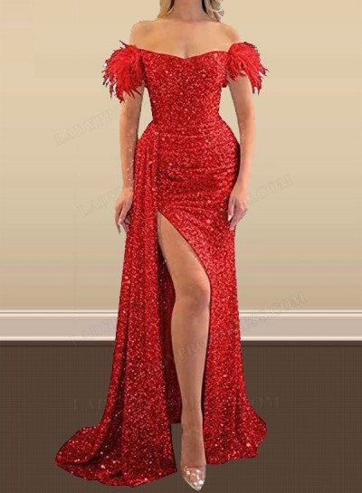 2024 Red Sheath Sequence Side Slit Off Shoulder Long Prom Dresses