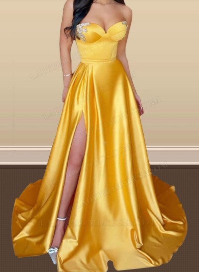 2024 A Line Sweetheart Satin Daffodil Long Side Slit Beaded Prom Dresses
