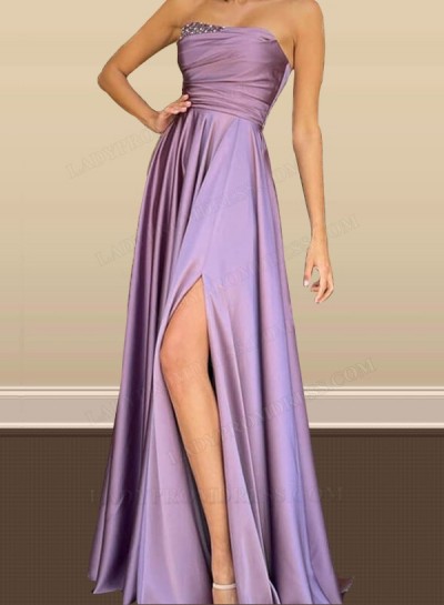 Strapless A Line Lavender 2024 Ruched Beaded Prom Dresses