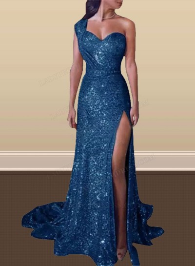 2024 A Line Navy Blue One Shoulder Side Slit Sequence Long Prom Dresses