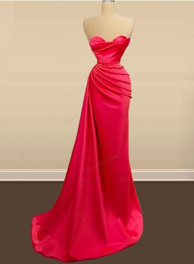 Red Sheath Sweetheart Satin Strapless Pleated Long Prom Dresses 2024