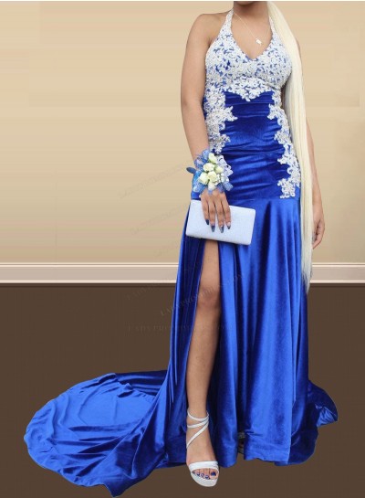 Royal Blue Halter Side Slit Silk Like Satin Appliques Long Prom Dresses