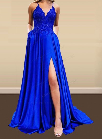 A Line Royal Blue Halter Side Slit Tie Up Long 2024 Prom Dresses