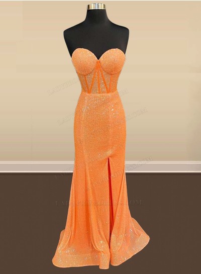 2024 Sheath Orange Sweetheart Side Slit Sequence Long Prom Dresses