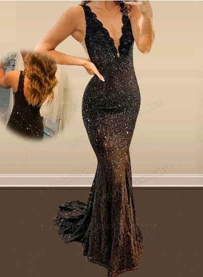 2024 Black Sheath V Neck Lace Long Prom Dresses
