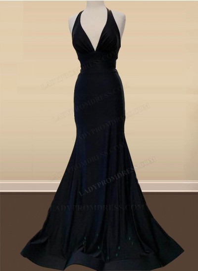 Black Sheath Halter Elastic Woven Satin Backless Long Prom Dresses 2024