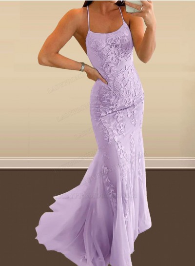 Lilac Sheath Halter Corset Back Tulle With Appliques Long Prom Dresses 2024
