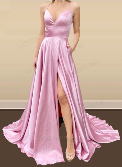 2024 A Line Silk Like Satin Pink Sweetheart Corset Back Long Prom Dresses