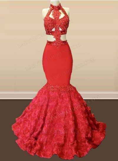 2024 Mermaid Red Low Back Appliques High Neck Rose Bottom Long Prom Dresses
