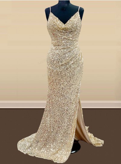 Sheath Sequence Champagne Sweetheart Backless Long 2024 Prom Dresses