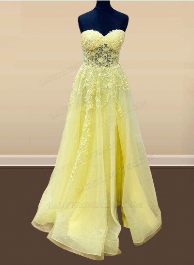 2024 A Line Light Yellow Sweetheart Tulle With Appliques Long Prom Dresses