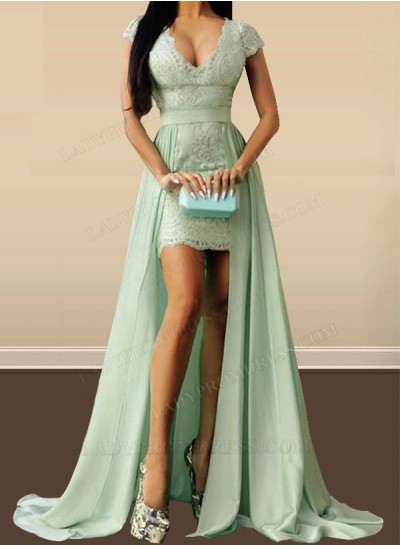 2024 A Line High Low Sage V Neck Chiffon With Lace Prom Dresses