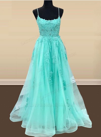 2024 A Line Tulle With Appliques Mint Green Halter Long Prom Dresses