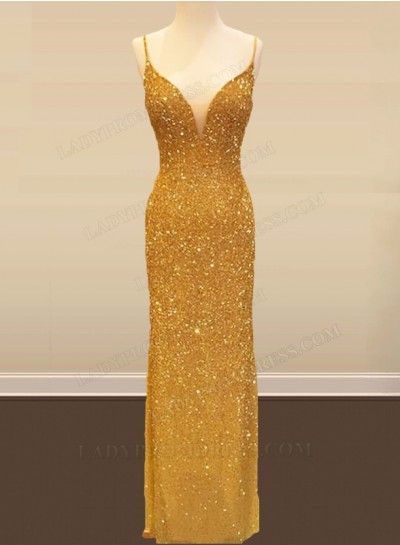 2024 Sheath Gold Sweetheart Spaghetti Straps Long Sequence Prom Dresses
