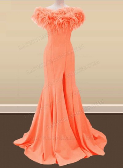 Satin Orange Off Shoulder Side Slit Feathers Long Prom Dresses 2024