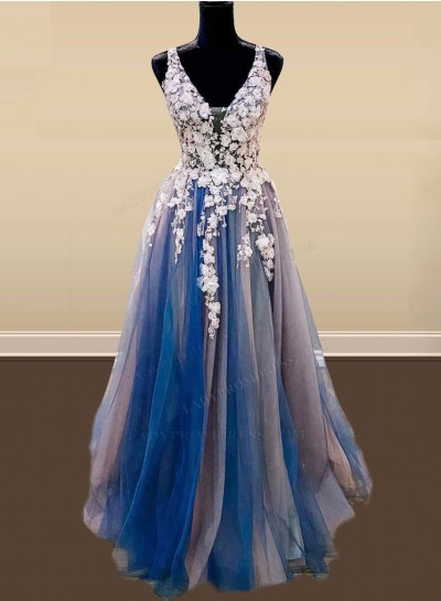 A Line Tulle Dark Navy V Neck Prom Dresses With Appliques 2024