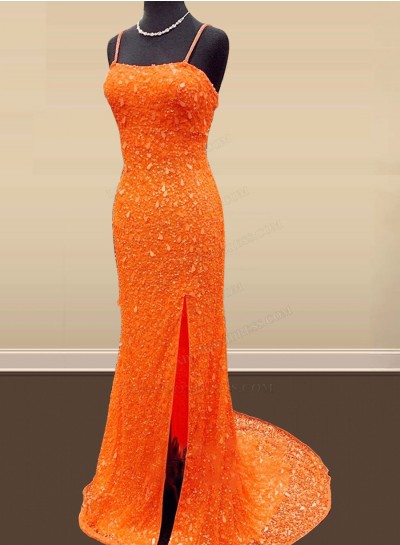 Sheath Strapless Orange Side Slit Corset Back Sequence Long 2024 Prom Dresses