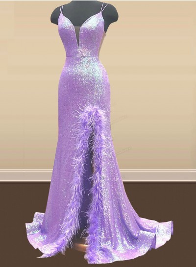Sheath Lilac Sweetheart Side Slit Corset Back Long Prom Dresses 2024